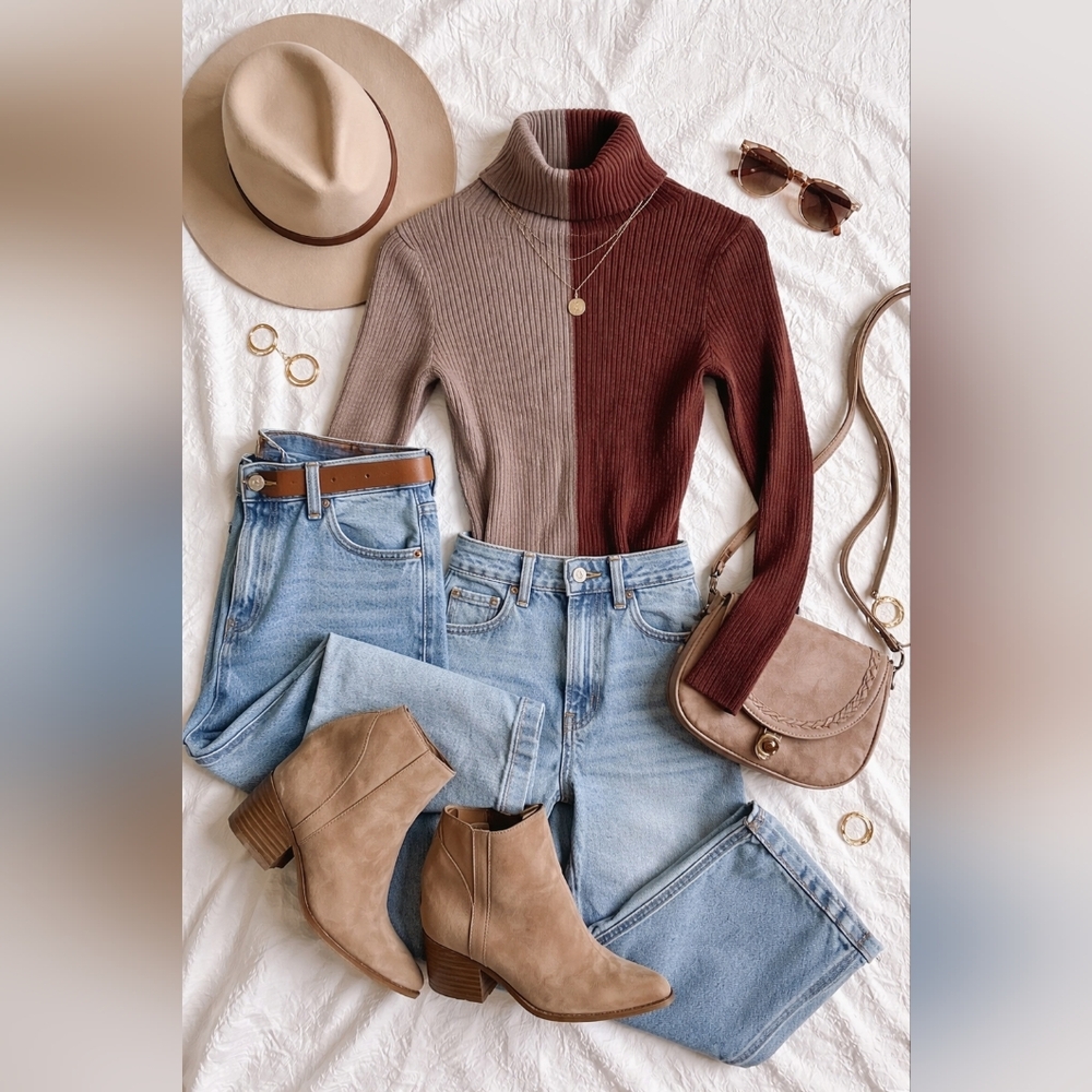 Cloth & Crown Two-Tone Ribbed Turtleneck Sweater XS Brown Taupe Colorblock